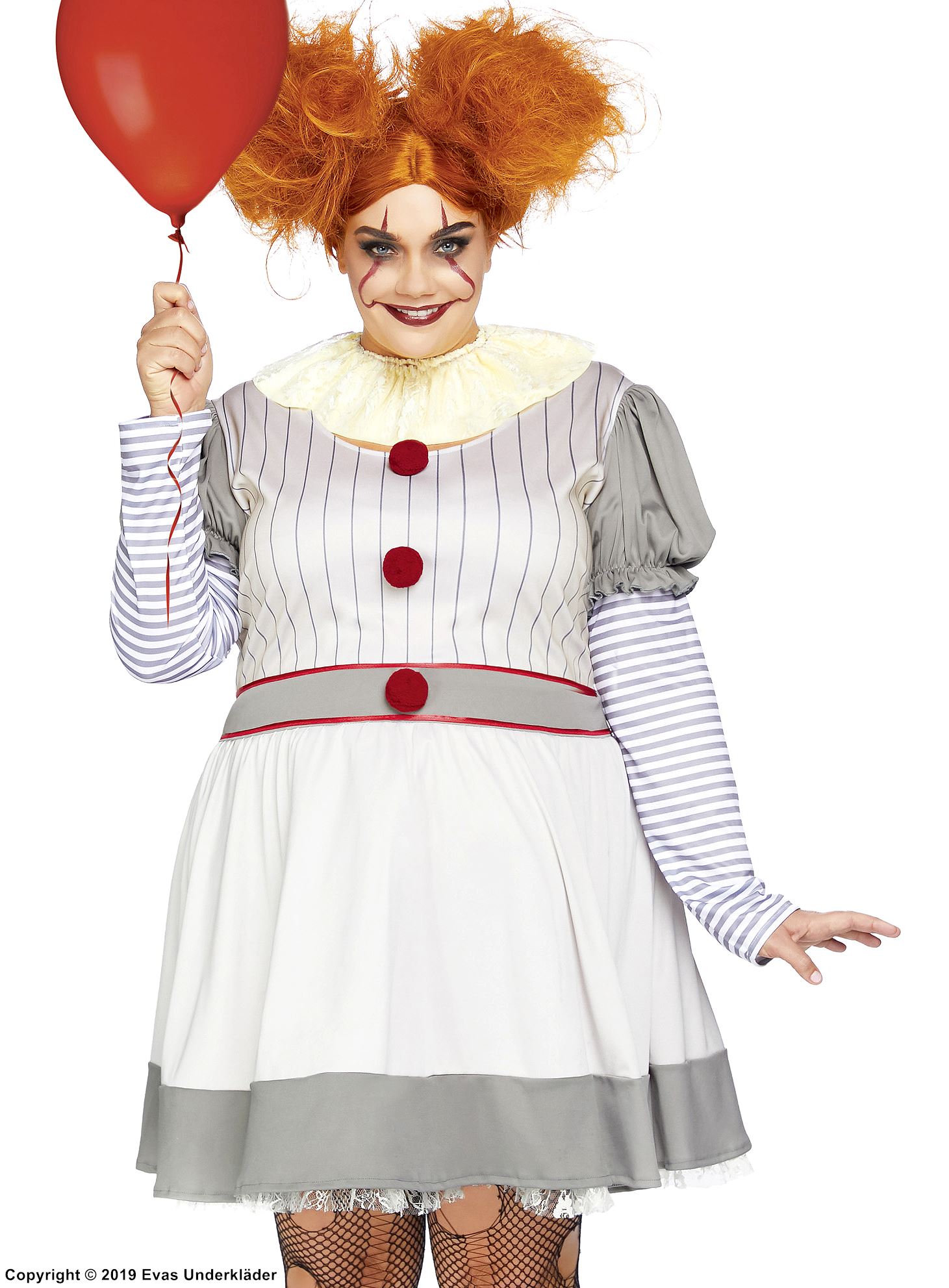 Kuslig clown (från IT), maskeradklänning med långa ärmar och pom pom-knappar, ränder, plus size